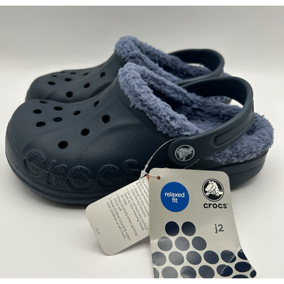 NWT Crocs Kids Baya Fuzzy Lined Navy Blue Clog Sz J2 Junior 2 Children New - Picture 1 of 7